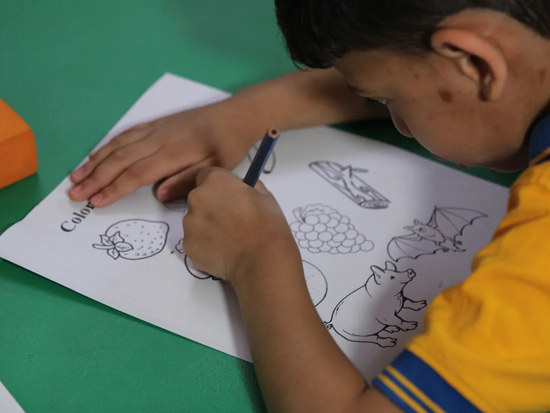 An AFS pupil concentrating on his worksheet in class