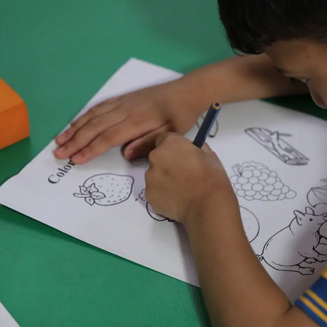A boy in gold polo colouring a worksheet with a pencil