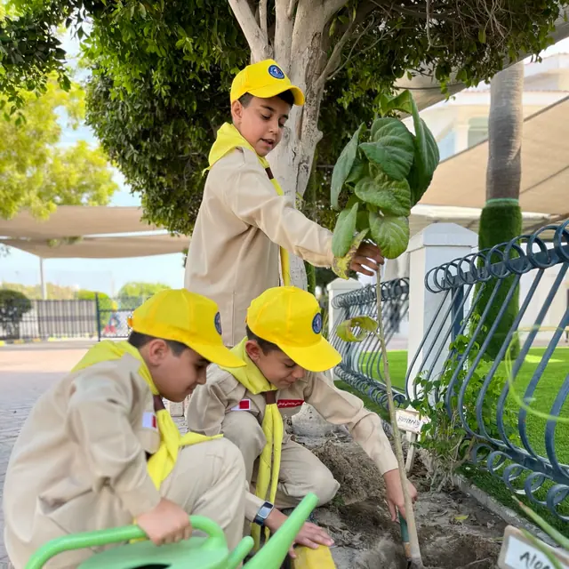 Three scouts in yellow caps planting a sapling by the school fence